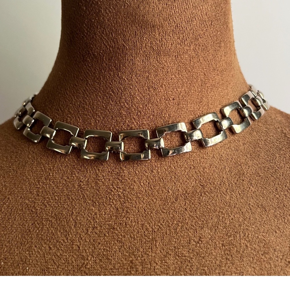 Vintage Silver Tone Open Square Link Choker Necklace 15 Inch